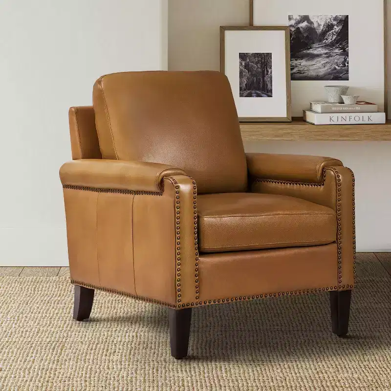 Hellmuth Genuine Leather Armchair with Removable Cushion and Nailhead Trims | HULALA HOME