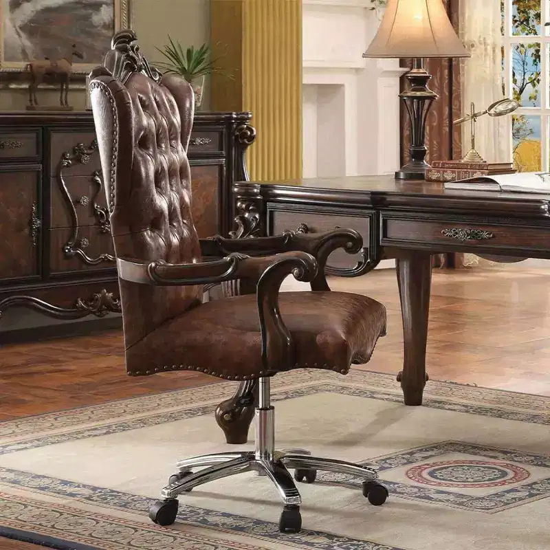 27" Versailles Active Sitting Chair Two Tone Light Brown PU and Cherry Oak - Acme Furniture: Faux Leather, Metal Frame, No Tools Assembly