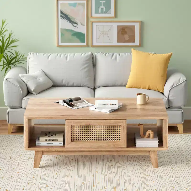 44in Natural Modern Square Wooden Coffee Table With Rattan Drawer for Living Room