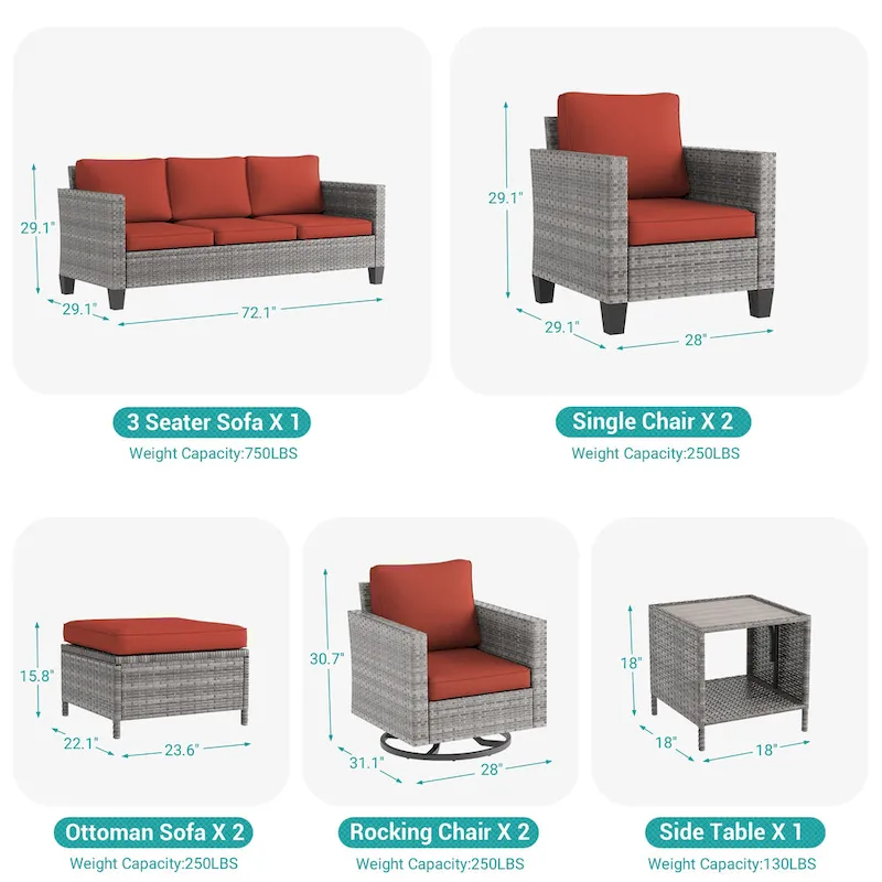 LIVOOSUN 8Pcs Patio Rocking Swivel Chair Sectional Brown Wicker Ottoman Sofa Set