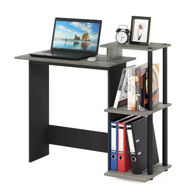 Modern Computer Desk with CPU Stand & Open Storage Bookshelf, Oak Grey/Black