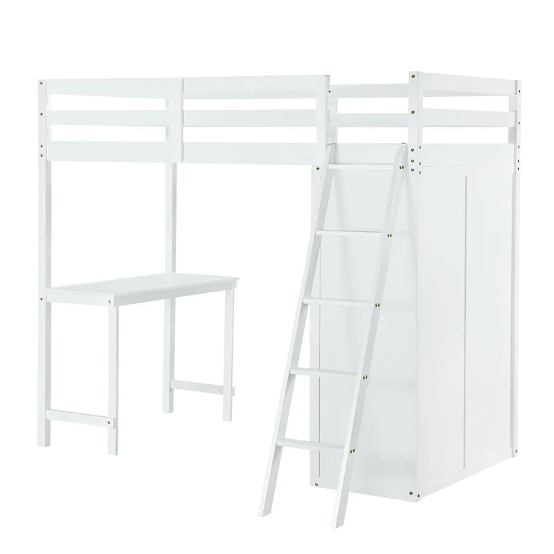 Solid Pine Loft Bed with Wardrobe, Desk, Shelves, and Guardrail