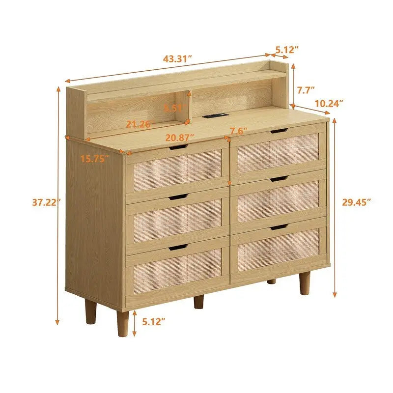 Bohemian Rattan 6-Drawer Sideboard Buffet with Adjustable LED Lights & Power Outlet