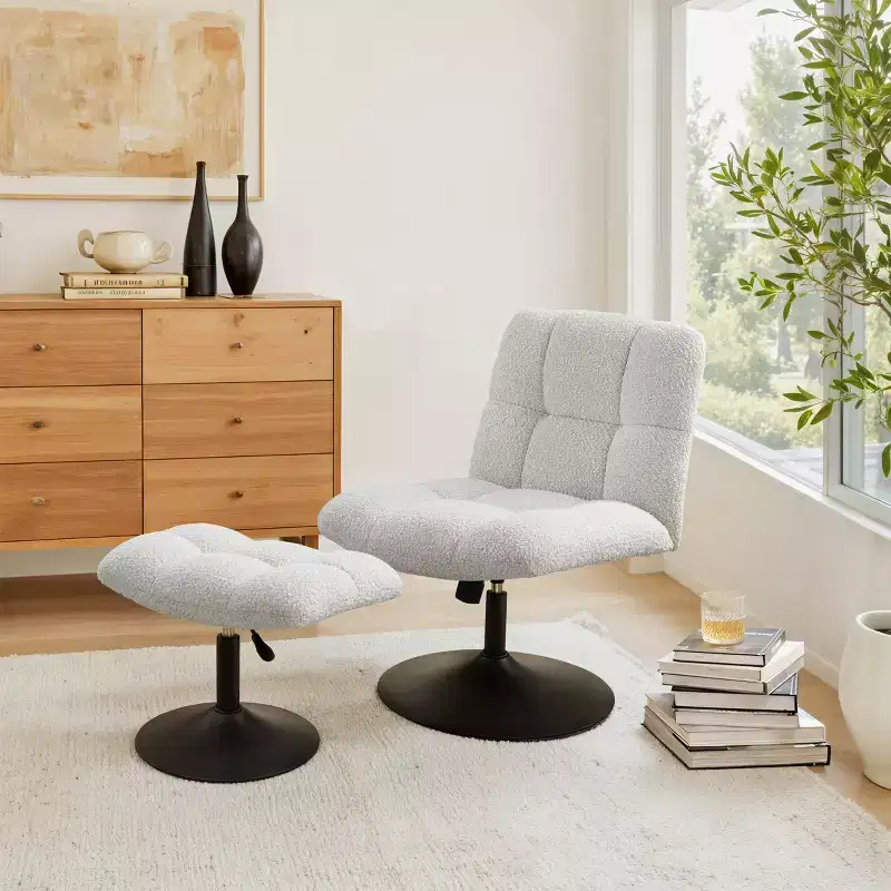 Art Leon Leisure Linen Fabric Swivel Accent Chair with Ottoman, Wood and Metal Frame