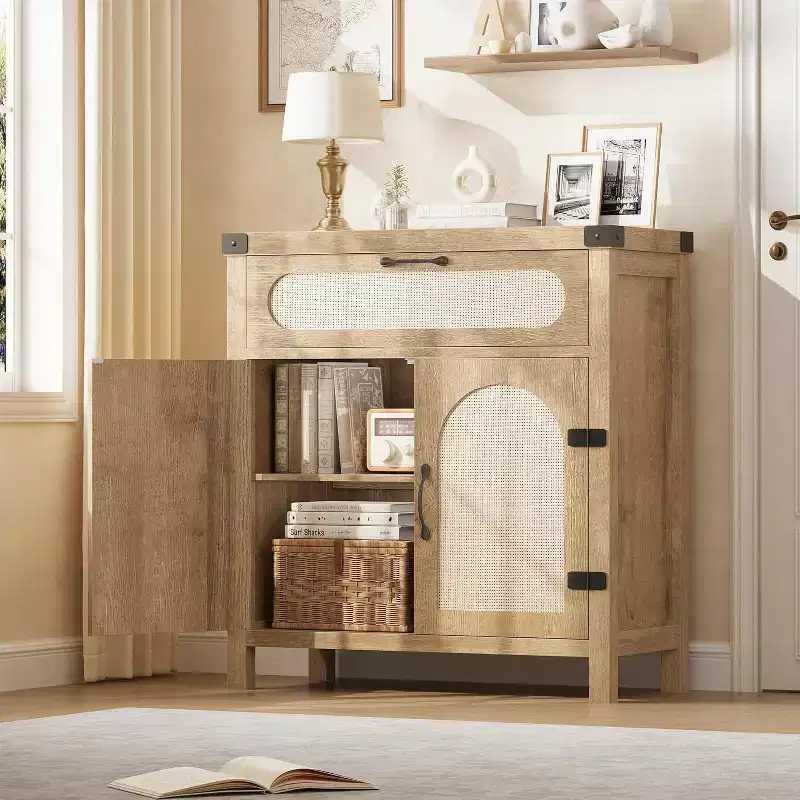 Rattan Sideboard Buffet Cabinet, with Drawer & Farmhouse Coffee Bar for Dining & Living Room, Natural Wood
