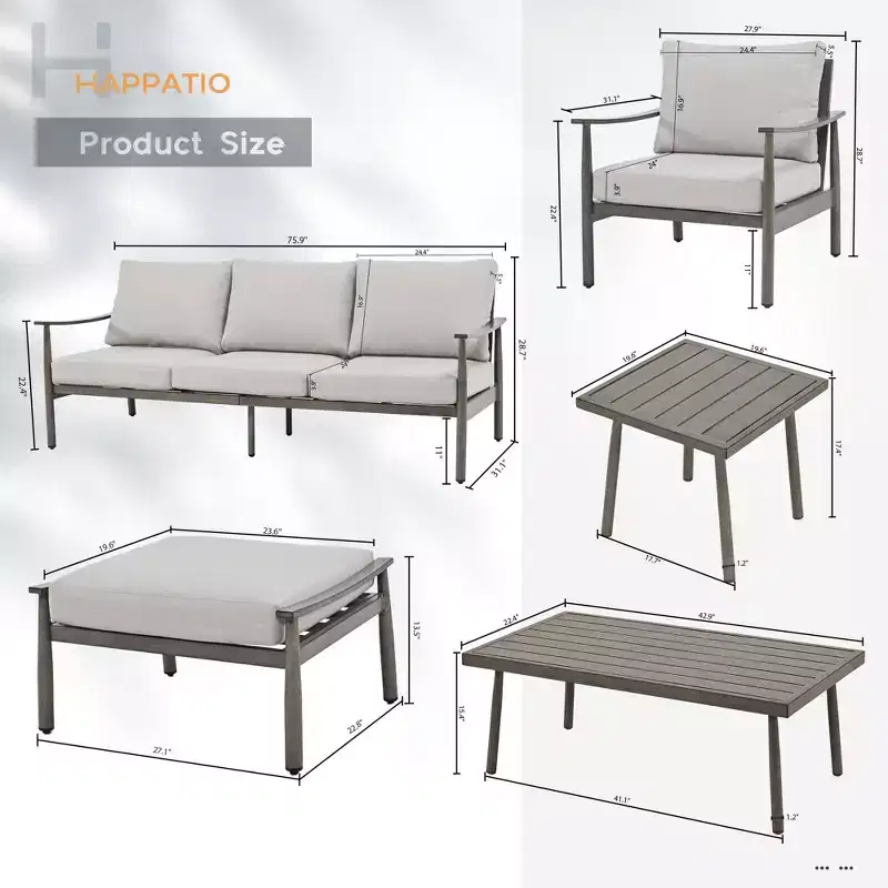 HAPPATIO 7 Pieces Aluminum Outdoor Conversation Set Includes 1 Three-Seater Sofa, 1 Coffee Table, 1 Side Table, 2 Armchairs and 2 Ottomans