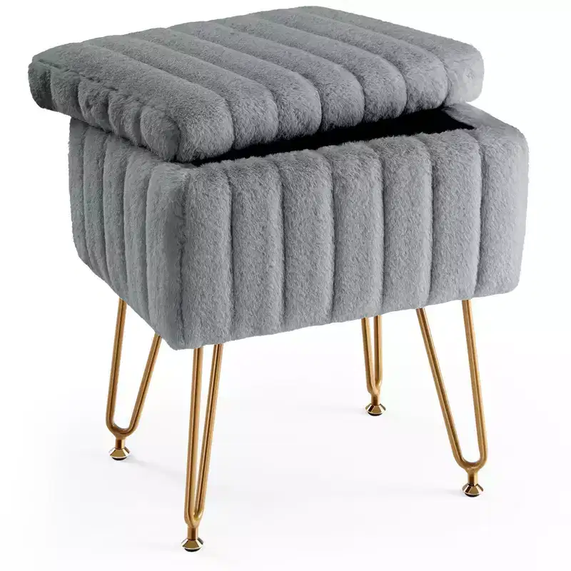 TUYOHW Modern Ottoman with Storage Faux Fur Upholstered Foot Stool with Anti-Slip Metal Legs Rectangle Storage Bench for Living Room, Entryway