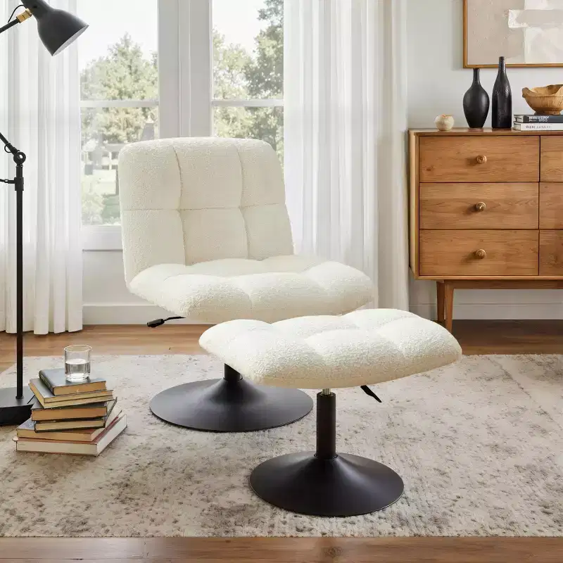 Art Leon Leisure Linen Fabric Swivel Accent Chair with Ottoman, Wood and Metal Frame