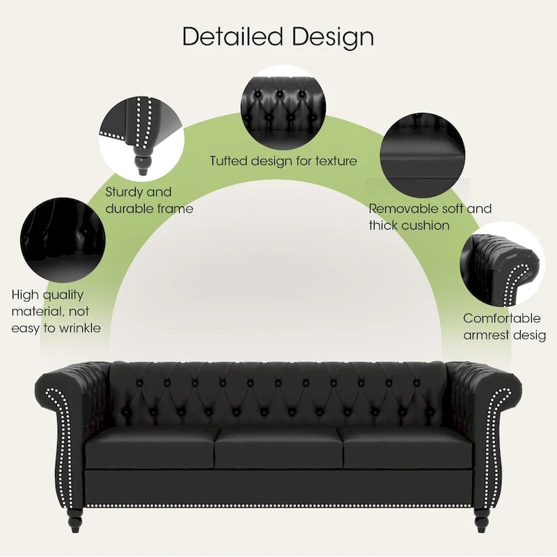 84 Mid-Century Modern 3-Seater Chesterfield Sofa, PU Leather, Birch Legs, 660 lbs