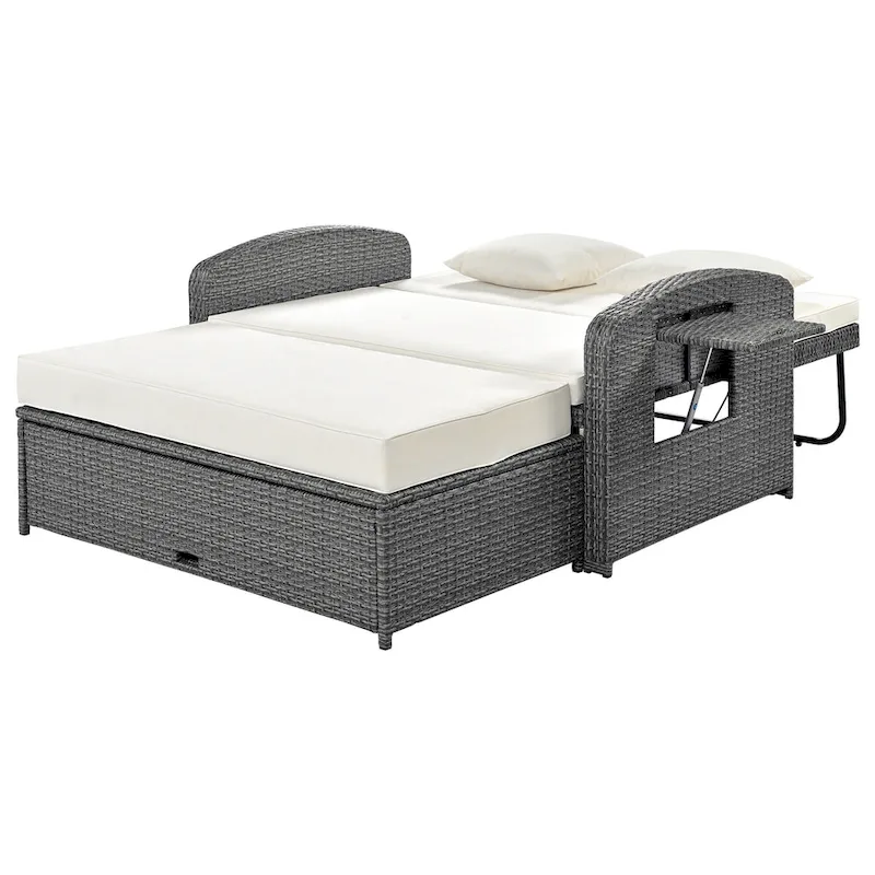 PE Wicker Rattan Double Chaise Lounge, 2-Person Reclining Daybed with Adjustable Back and Cushions, Patio Sun Lounger