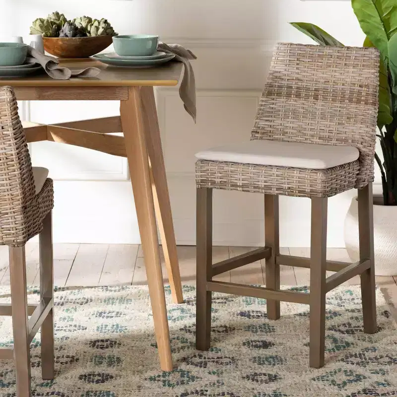 bali & pari Toby Rattan and Mahogany Wood Counter Height Barstool Kubu Gray/Rustic Taupe