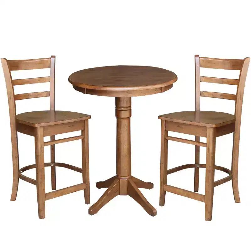 30" Effie Round Pedestal Counter Height Dining Set with 2 Emily Stools Distressed Oak - International Concepts: Solid Wood, 3-Piece