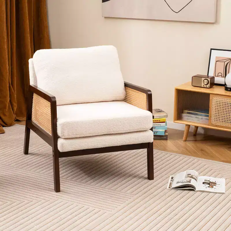 Costway Mid Century Modern Accent Chair Living Room Armchair with Rattan Arms Wooden Frame Brown/Natural