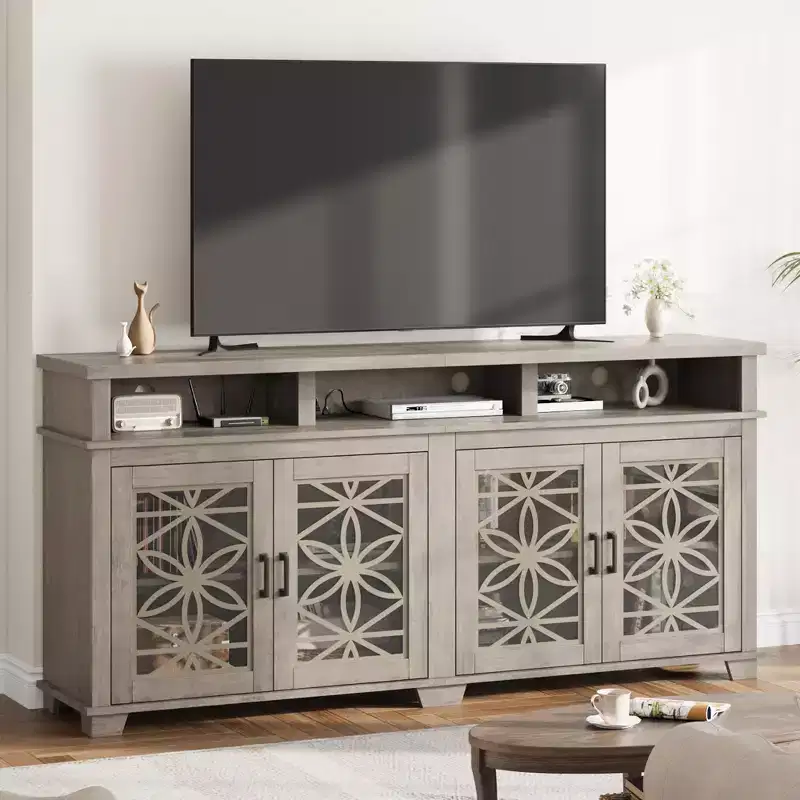 Mid Century Modern Entertainment Center with LED Lights & Glass Doors, Ash Grey Wooden Media Console Cabinet with Storage for Living Room Bedroom