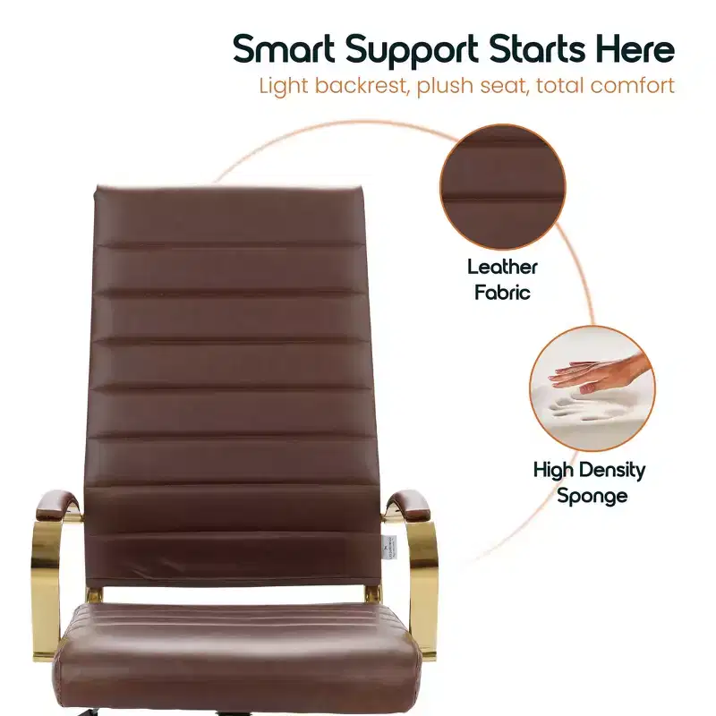 LeisureMod Benmar High-Back Ribbed Leather Office Chair - Modern Swivel & Tilt Executive Desk Chair - Gold Base