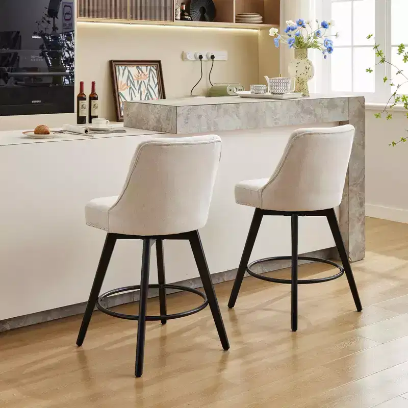 Bar Stools, Set of 4 Counter Height 26 in H Swivel Bar Stools with Back, Wood Legs Upholstered Linen Beige