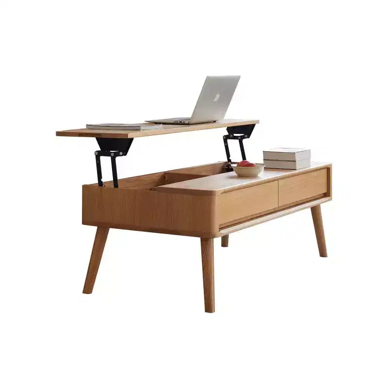 MAYEERTY Elevating Lift-Top Coffee Table, Solid Oak Center Table with Hidden Storage for Living Room Home Office, Easy Assembly