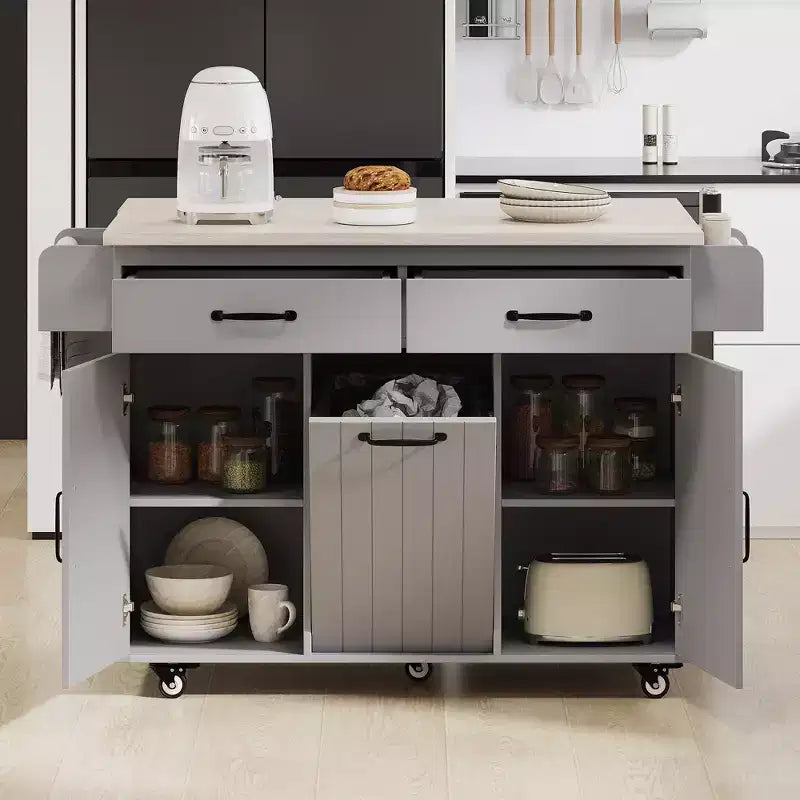 Okak Kitchen Island with Drop Leaf and Spice Rack, Kitchen Island On Wheels with Trash Cabinet, Kitchen Cart for Kitchen, Dining Room, Gray