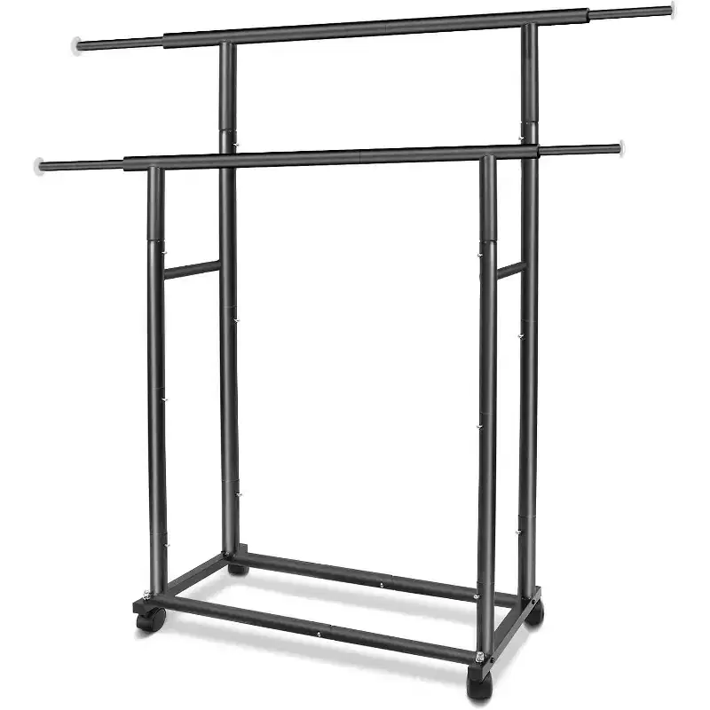 Heavy Duty Double Rod Rolling Clothes Rack, Adjustable Metal Garment Rack with 150 lbs Load Capacity, Locking Wheels & Bottom Shelf