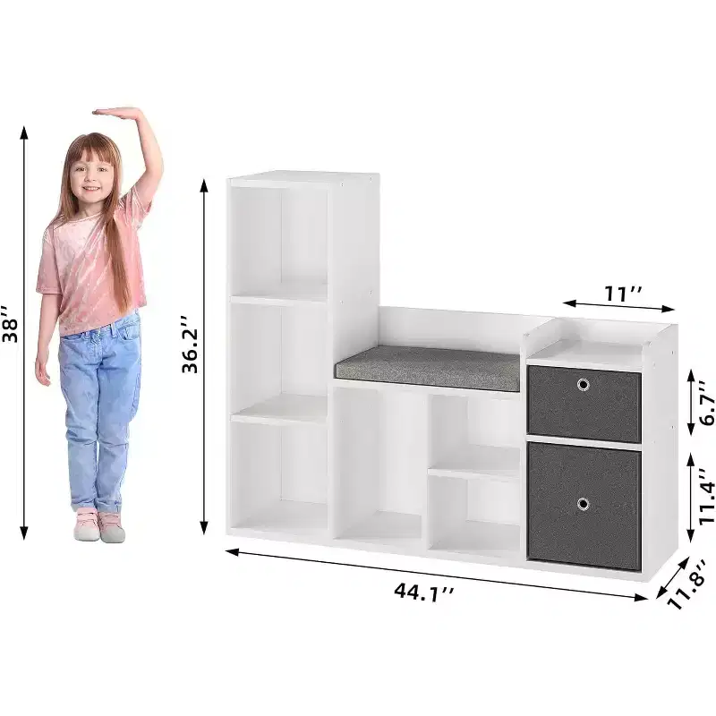 Acekool Wooden Kids Bookshelf, 5-Cubby Playhouse Bookcase with Storage Boxes, Organizer Shelf for Nursery Playroom Bedroom, White