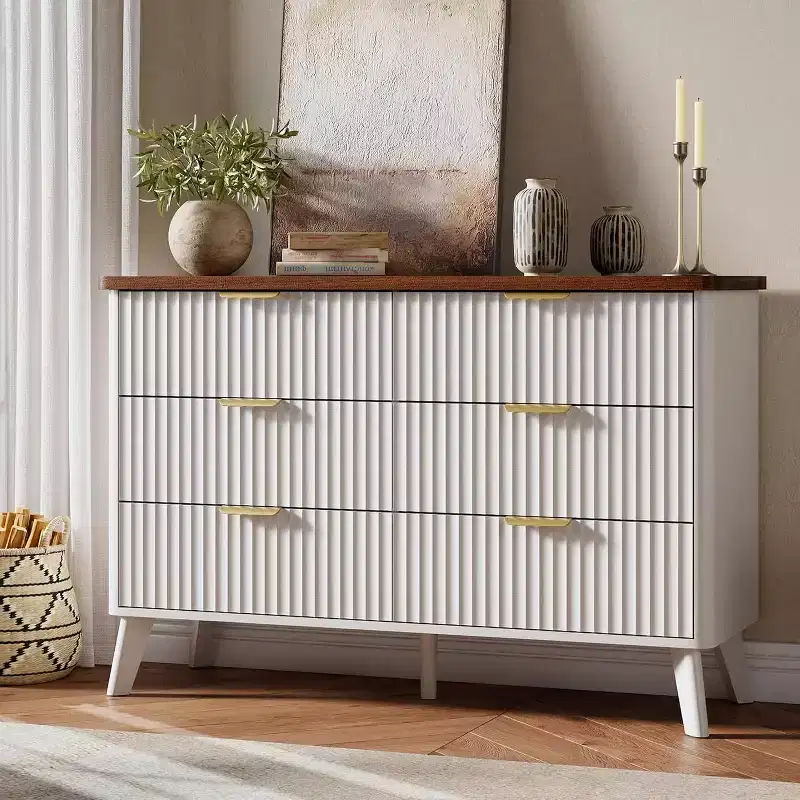 White 6-Drawer Dresser, 47.2 Wide Curved Fluted Design with Gold Handles, Thickened Modern Chest for Bedroom & Living Room.