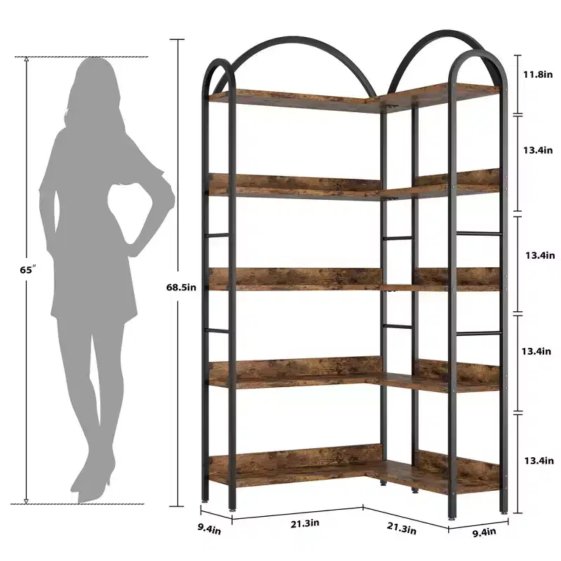 5 Tier Corner Bookcase, Industrial Wood Bookshelf with Metal Frame, Open Shelves Book Storage Organizer for Living Room, Bedroom, Home Office