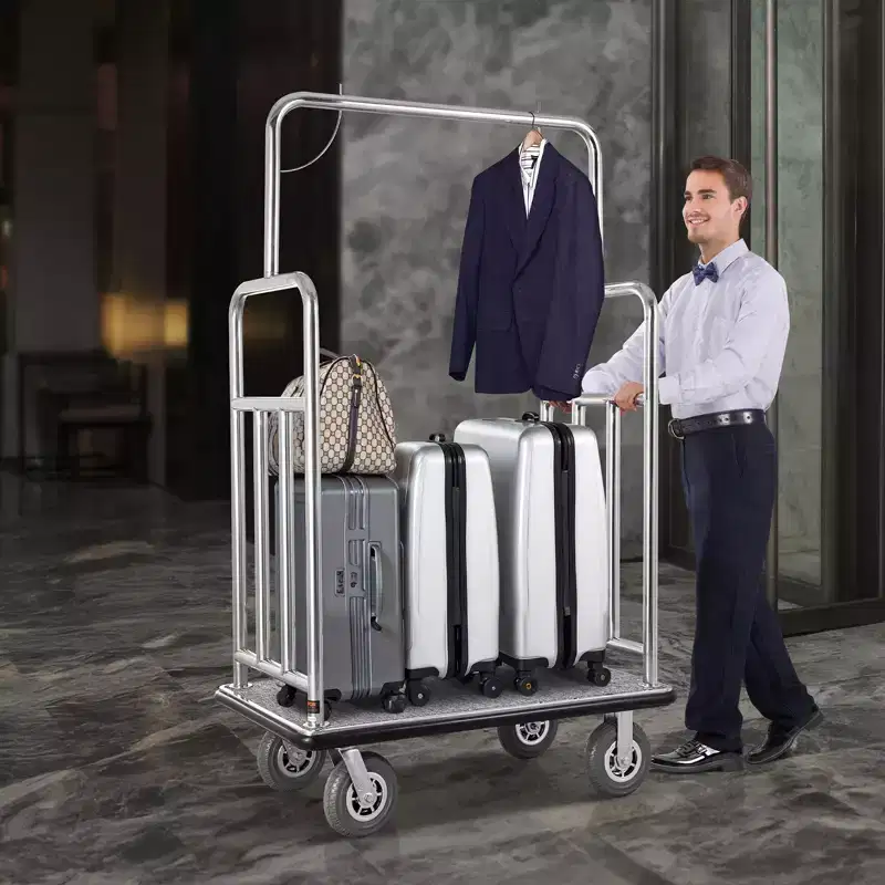 Hotel Luggage Cart, 1200 LBS Load Capacity, Brushed Stainless Steel Finish Bellman's Cart, Valet Cart with Grey Carpeted Deck and 8in, Silver