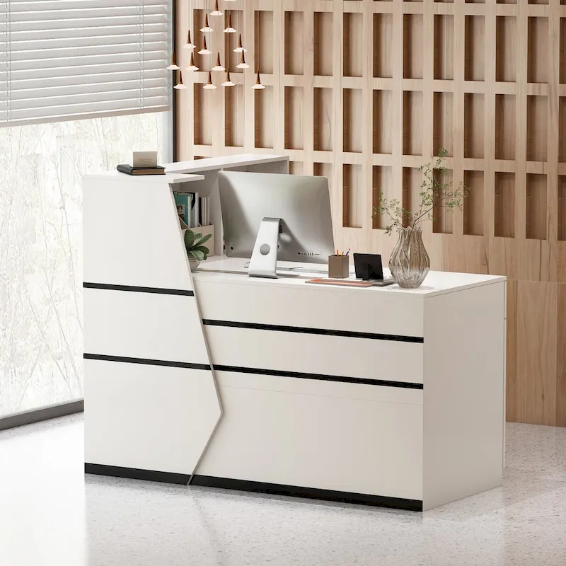 White MDF Reception Desk with Hutch, 1 Lockable Drawer, 1 Door and Keyboard Tray for 1 Person