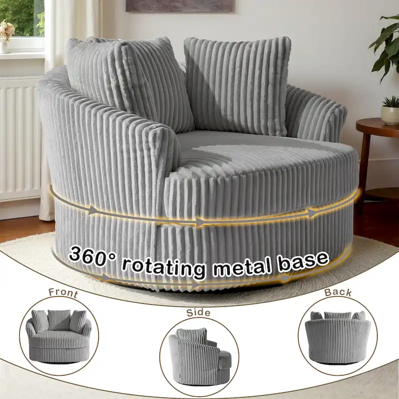Fauteuil pivotant surdimensionné 43 W en velours côtelé pelucheux avec accoudoirs encastrés