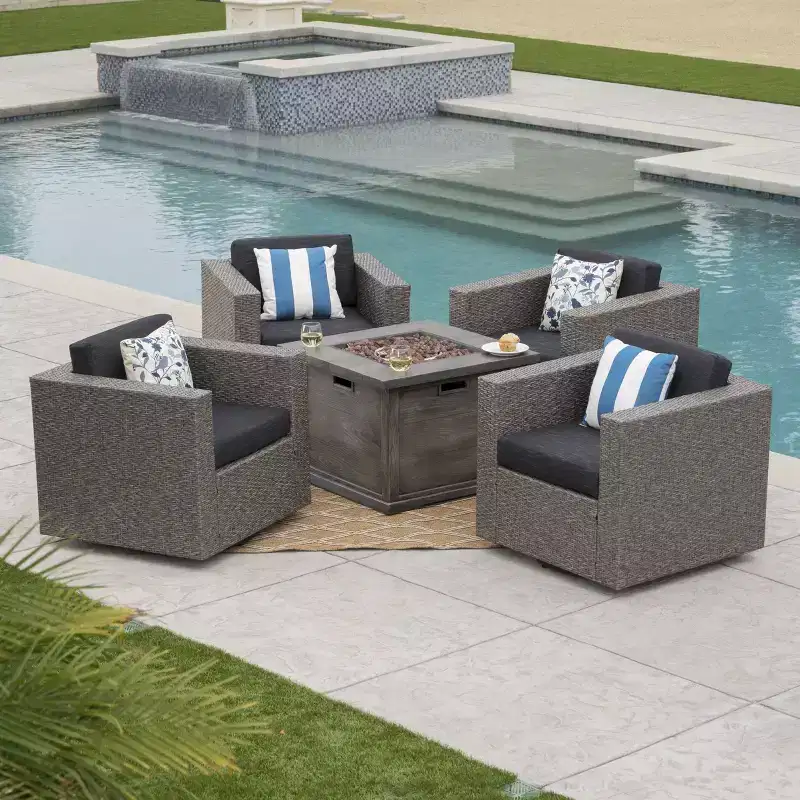 Christopher Knight Home Achton Outdoor Wicker 5 Piece Swivel Club Chair and Fire Pit Set with Cushions