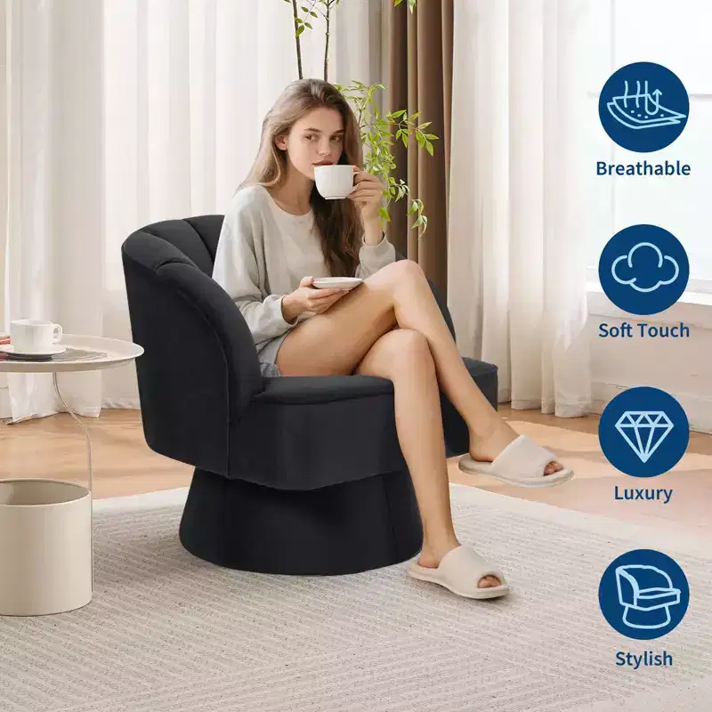 Modern Swivel Barrel Accent Chair, 360 Degree Velvet Upholstered Armchair with Striped Backrest & Plush Padding, Comfy Round Lounge Chair 2 PCS