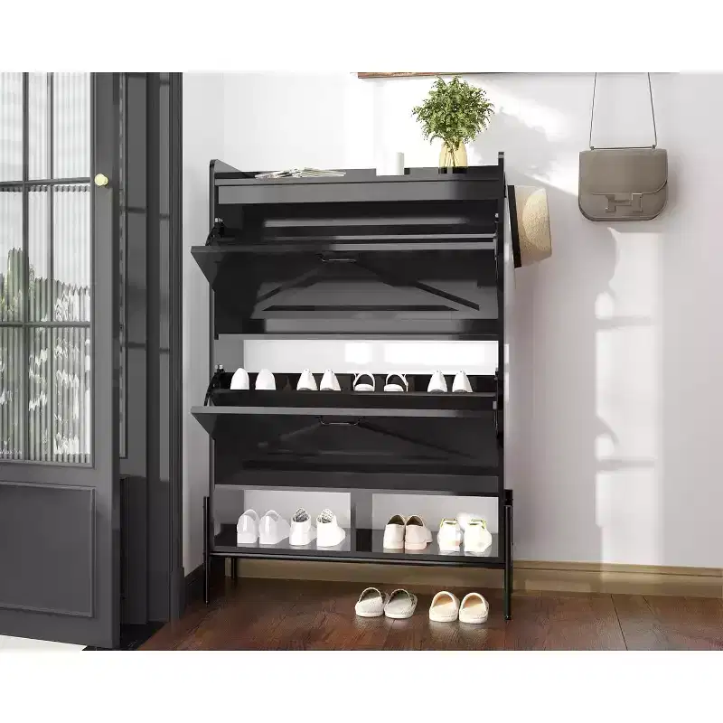 Wooden shoe cabinet with hidden freestanding shoe rack and two flip-top drawers, ideal for entryways and hallways.