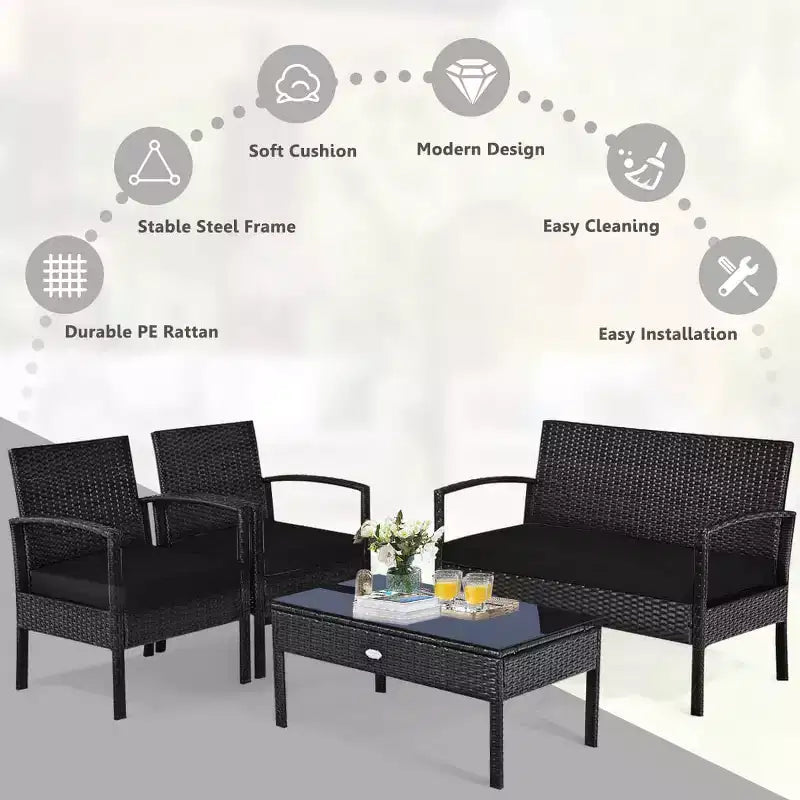 Costway 8 PCS Outdoor Patio Rattan Furniture Set Cushioned Sofa Coffee Table Garden Deck Gray/Black
