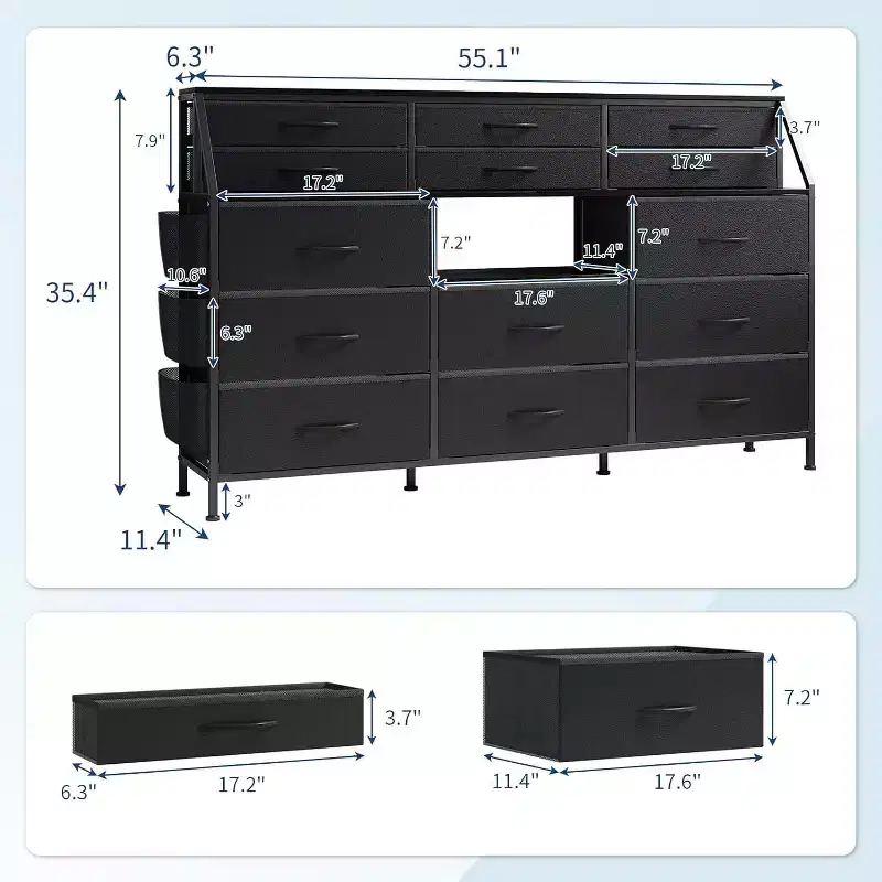 Storage Cabinet, Bedroom Dresser, 55 Inch with Side Pockets, Metal Frame and Wood Top Open Shelves with 14 Drawers for Bedroom, Living Room