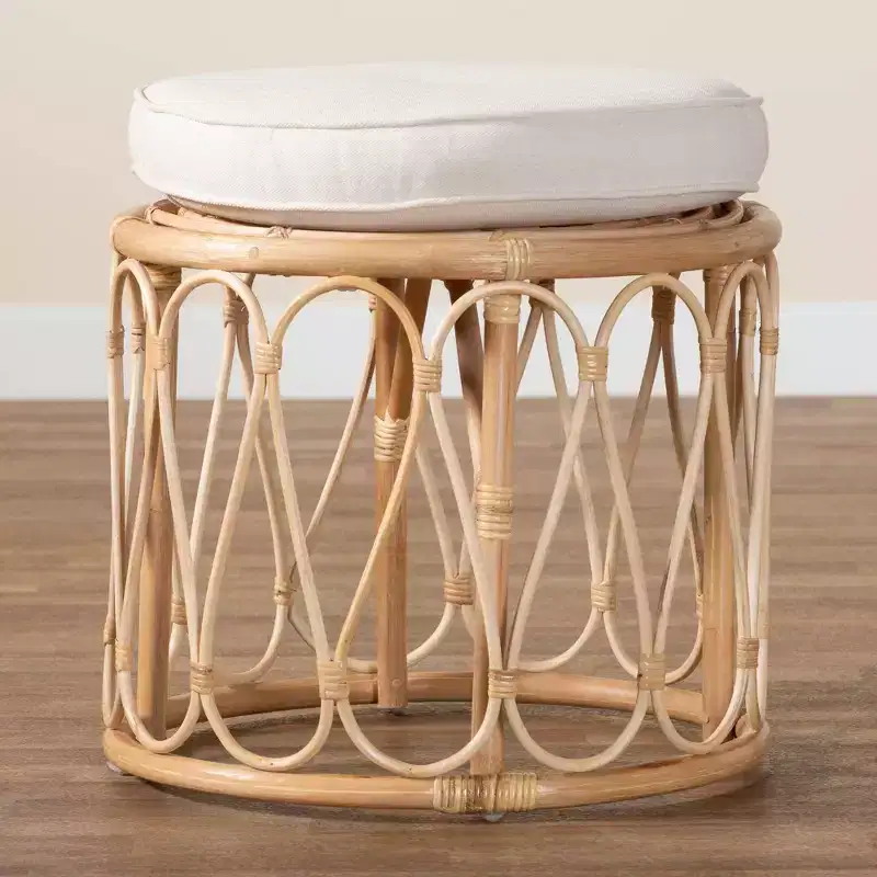 bali & pari Hachiro Natural Rattan Ottoman Footstool: Bohemian Handcrafted, Removable Cushion, No Assembly Required