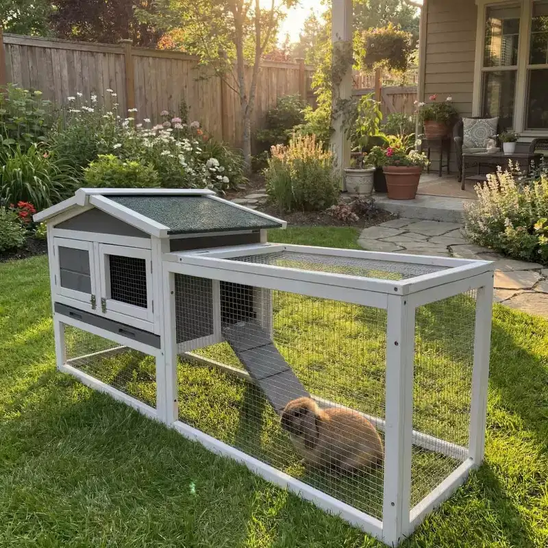 Wooden 2-Story Rabbit Hutch Indoor/Outdoor  60in with Removable Netting, Leak-Proof Tray & Anti-Chew Ramp  Weatherproof (Multiple Colors)