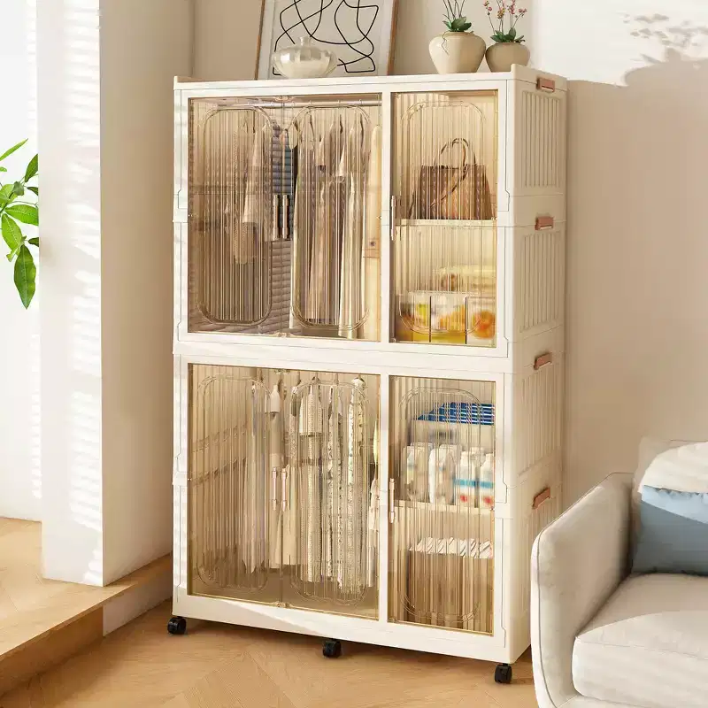 Portable Wardrobe Closet Organizer with 6 Magnetic Doors, 6 Cubes & 2 Hanging Rods, Includes 6 Hangers, Baby Clothes Storage Cabinet, White