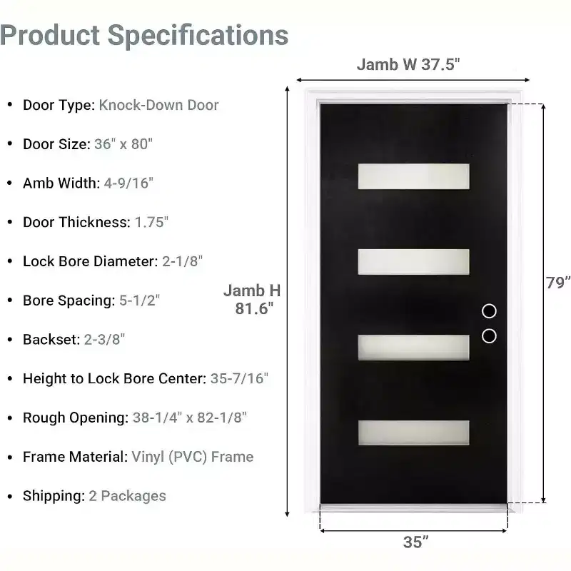 MooxvMoo 36x80 Inch Fiberglass Front Door with 4-9/16 Vinyl Frame, Left Hand Inswing, Knock-Down Entry Door for Home Entrance, Balck