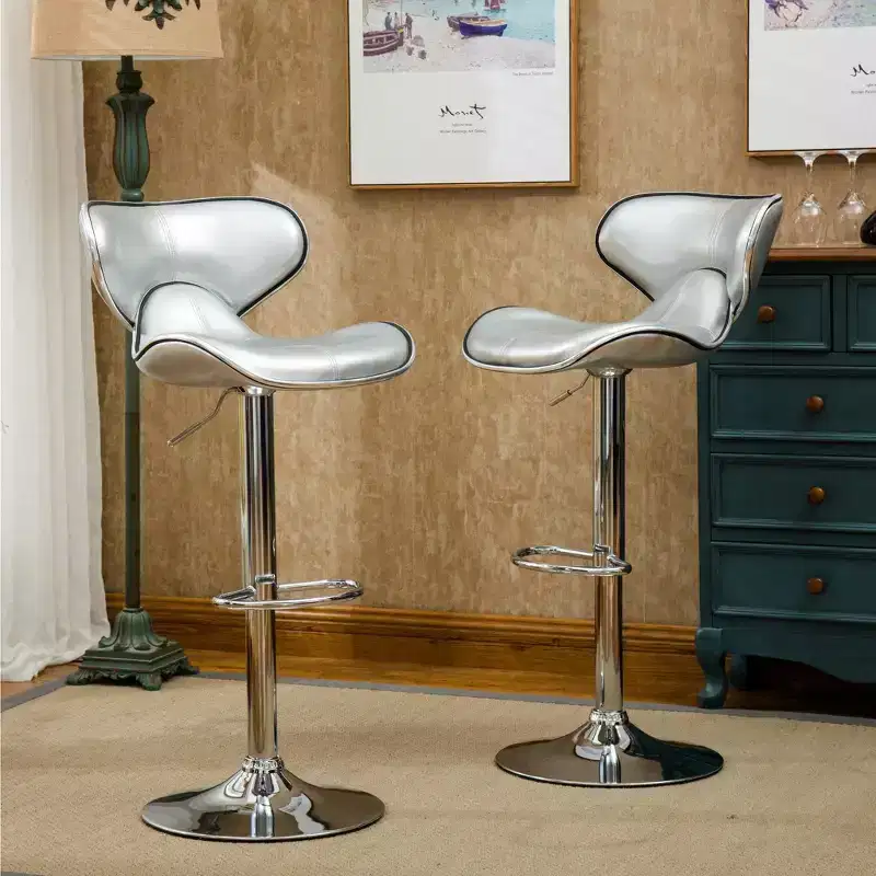 Roundhill Furniture Masaccio Cushioned Leatherette Upholstery Airlift Adjustable Swivel Barstool with Chrome Base, Silver, Set of 2