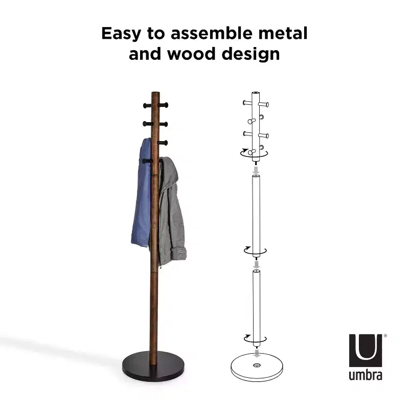 Umbra Wood Pillar Coat Rack Black/Walnut: 8-Hook, Freestanding, Easy Assembly, 66" Tall