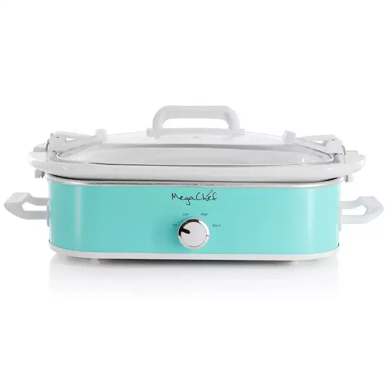 MegaChef 3.5 Quart Casserole Slow Cooker with 3 Temperature Settings: Turquoise Stoneware, Dishwasher-Safe, Locking Lid