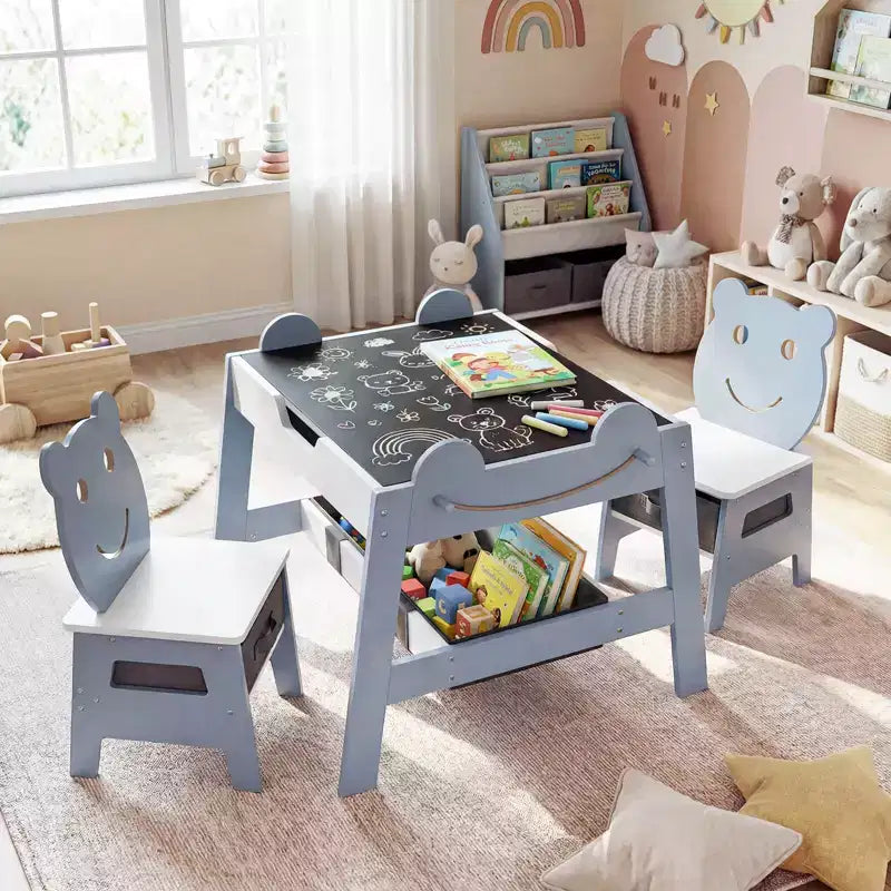 Costway 5-in-1 Kids' Table & Chair Set with Chalkboard, Whiteboard, 3 Storage Bins, 4 Hooks Gray + White/Natural + White + Orange