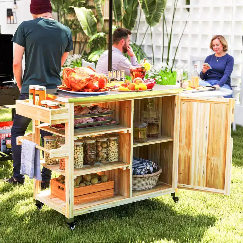 Outdoor Grill Cart with Stainless Steel Top, Solid Wood Outdoor Kitchen Island with Wheels
