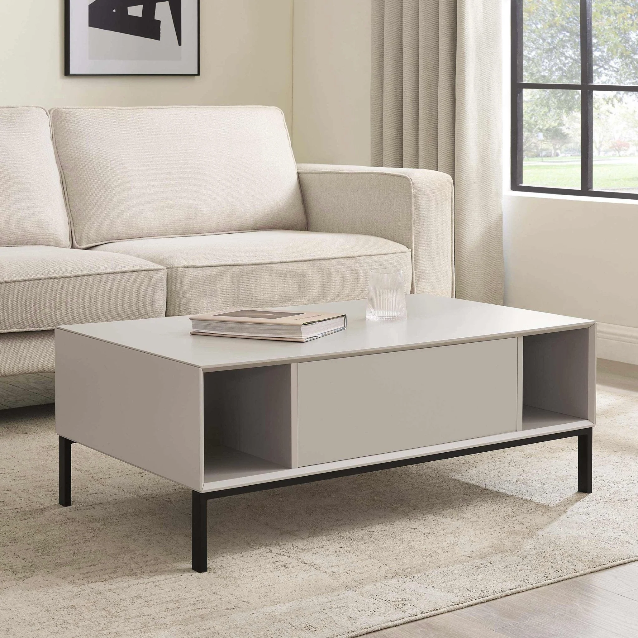 Contemporary Taupe Coffee Table with Open Shelf Storage for Living Room