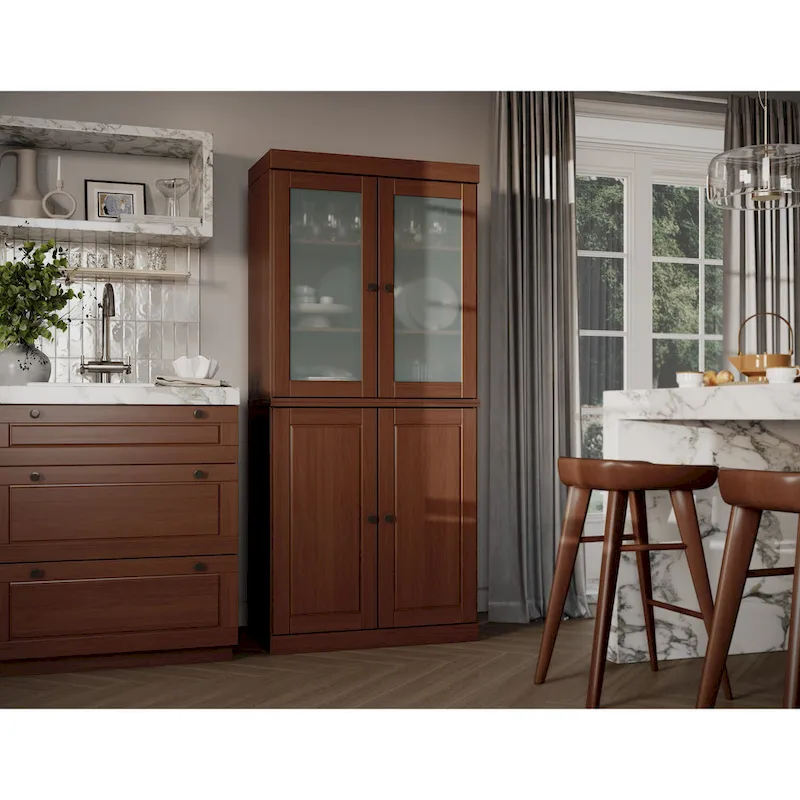 Armoire de rangement 100 % bois massif avec portes en verre dépoli, portes pleines, 2 tiroirs et étagères réglables.