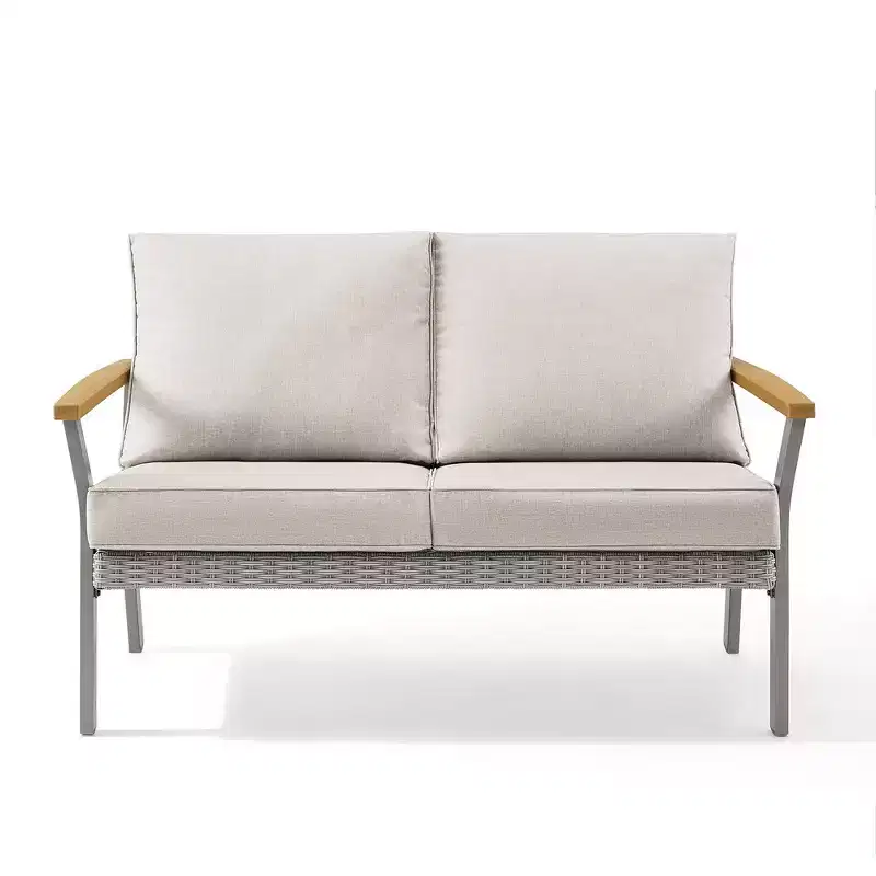 SONGMICS HOME Sencillo Collection - Loveseat, 2-Seat Sofa, Lounge Chair, Patio Seat, with Faux Wood Armrests,Gray and Beige