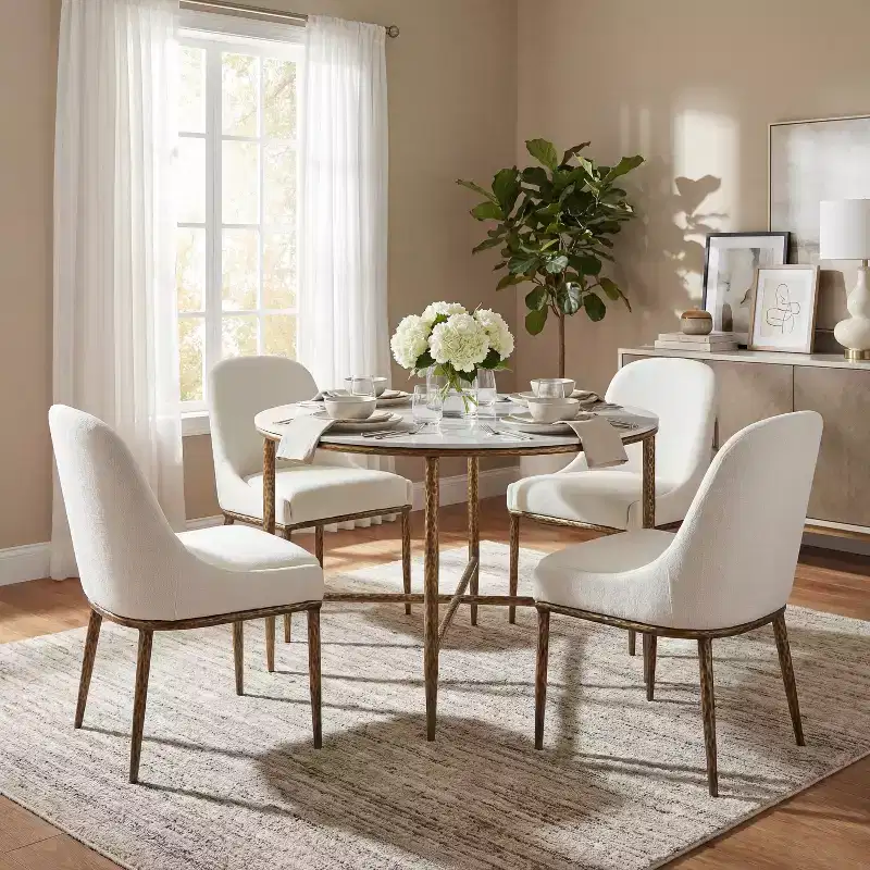 Christopher Knight Home Valeska 5 Piece Industrial Luxe Hand-Forged Sintered Stone Dining Table with Upholstered Dining Chairs