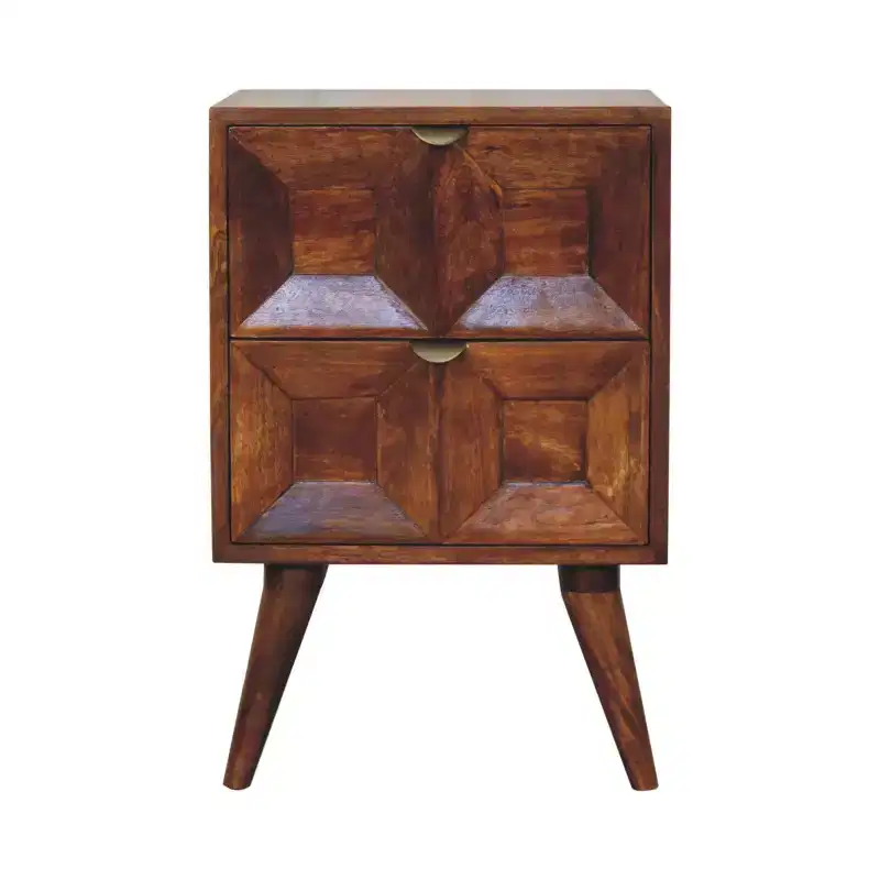 HomeRoots 24 Chestnut Solid Wood Square Carved Geometric Two Drawer Nightstand