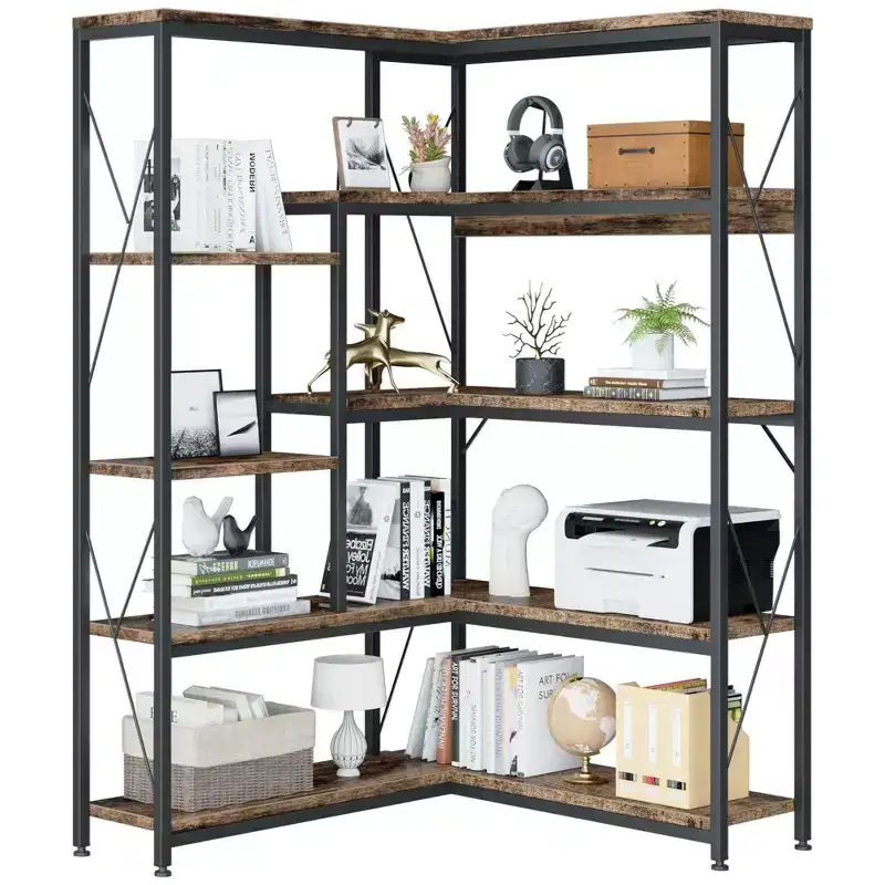 5-Tier Corner Bookshelf, 70.86 in. Tall L-Shaped Bookcase with Metal Frame for Living Room Home Office