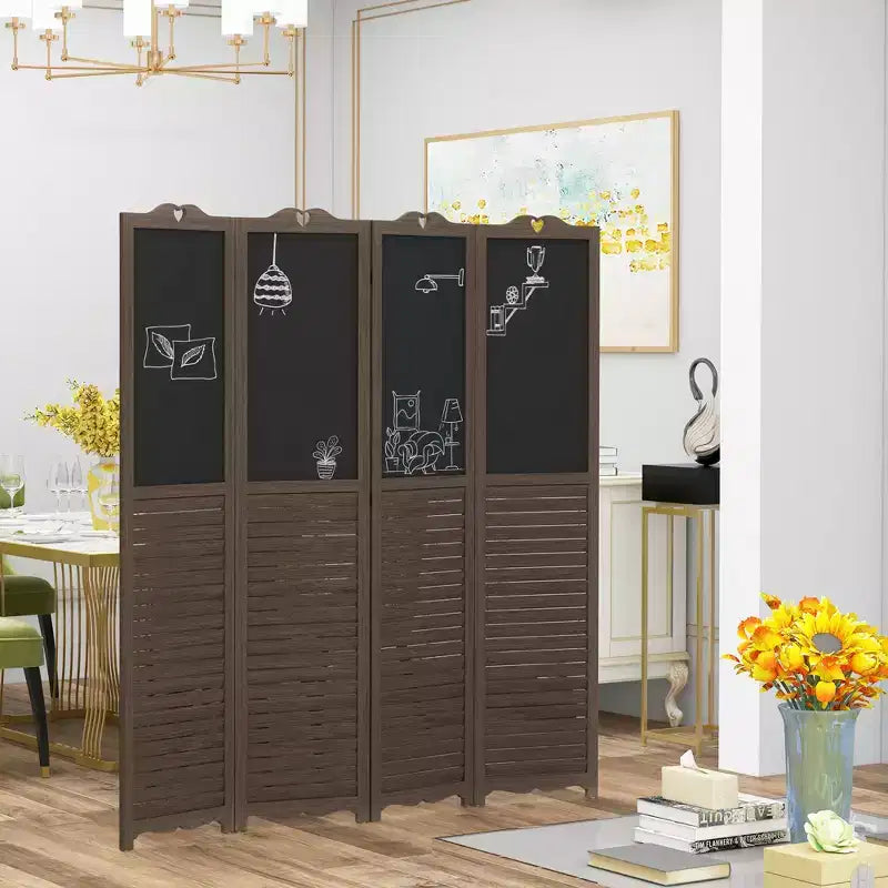 MAYEERTY 4 Panel Folding Room Divider with Blackboard Freestanding Privacy Screen Panels for Bedroom Office Walnut Brwon